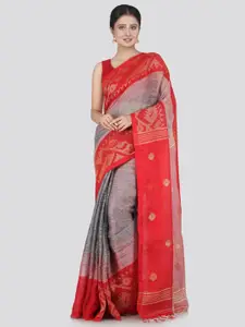 PinkLoom Grey & Red Woven Design Pure Linen Saree