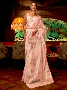 Mitera Peach-Coloured & Gold-Toned Floral Silk Blend Muga Saree