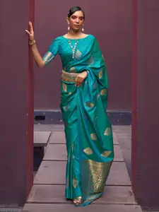 Mitera Teal & Gold-Toned Bagh Pure Silk Banarasi Saree