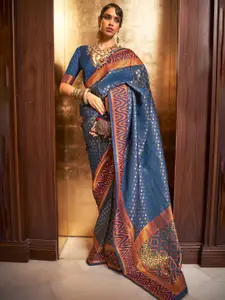 Mitera Navy Blue & Orange Paisley Silk Blend Banarasi Saree