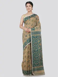 PinkLoom Beige & Green Woven Design Pure Cotton Jamdani Saree
