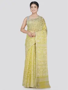 PinkLoom Yellow & Silver-Toned Woven Design Pure Cotton Jamdani Saree