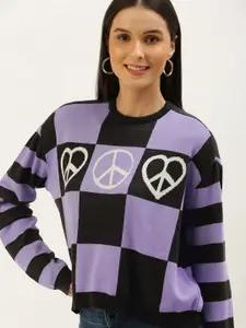 FOREVER 21 Women Purple & Black Checked Pure Cotton Pullover Sweater
