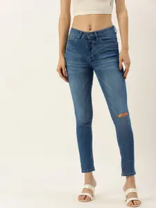 FOREVER 21 Women Blue Slim Fit Slash Knee Heavy Fade Stretchable Jeans