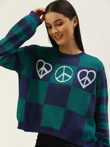 FOREVER 21 Women Teal Green & Purple Checked Pure Cotton Pullover Sweater