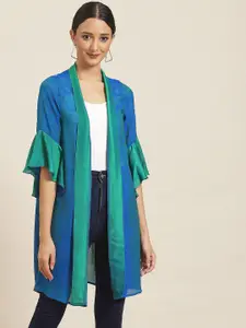 Qurvii Women Blue & Green Colourblocked Shrug