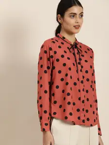 encore by INVICTUS Women Polka Dots Printed Casual Shirt With Contrast Neck Tie-Ups