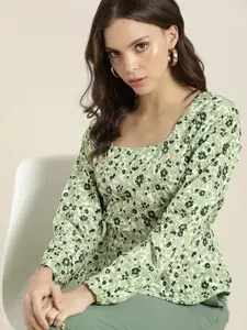 encore by INVICTUS Green Floral Print Peplum Top
