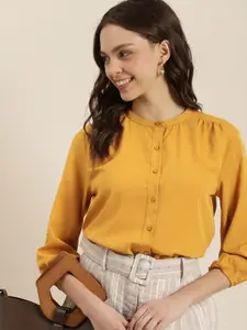 encore by INVICTUS Women Mustard Yellow Solid Casual Shirt With Elasticated Cuff