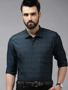 Van Heusen Men Blue Textured Custom Fit Pure Cotton Formal Shirt