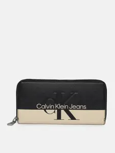 Calvin Klein Jeans Women Black & Beige Colourblocked Zip Around Wallet