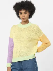 ONLY Women Yellow & Purple Colourblocked Pullover Sweater