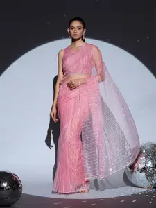 Swtantra Pink & Silver-Toned Embellished Sequinned Organza Saree