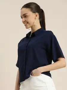 encore by INVICTUS Women Navy Blue Solid Casual Shirt With Drop Shoulder Sleeves