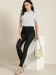 encore by INVICTUS White & Black Polka Dot Printed Top With Frill Detail