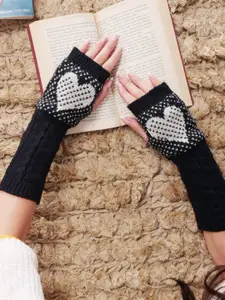 Bharatasya Women Black & White Self-Design Long Mittens Winter Hand Gloves
