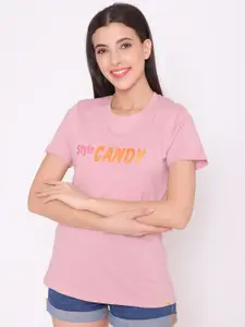 TITTLI Women Pink & chalk pink Typography Printed Applique T-shirt