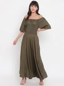 Aawari Olive Green Off-Shoulder Smocked Maxi Dress