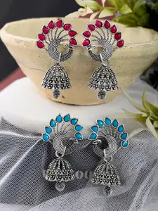 Silvermerc Designs Silver-Toned Peacock Shaped Jhumkas Earrings Set of 2