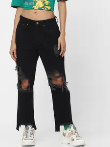 ONLY Women Black Straight Fit Low-Rise Highly Distressed Jeans