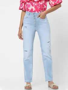 ONLY Women Blue Straight Fit High-Rise Mildly Distressed Light Fade Jeans