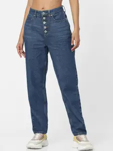 ONLY Blue Straight Fit High-Rise Low Distress Jeans