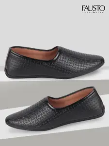 FAUSTO Men Black Woven Design PU Mojaris