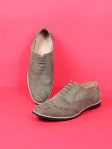 FAUSTO Men Olive Green Perforations Suede Brogues