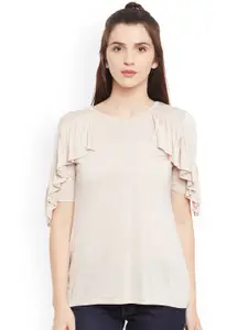 Belle Fille Women Cream-Coloured Solid Top with Ruffled Detail
