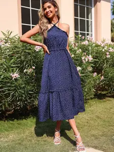 La Aimee Blue Floral A-Line Midi Dress