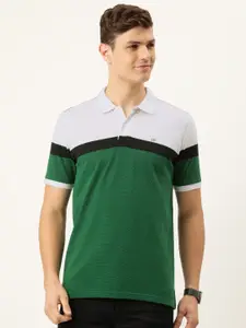 Peter England Men Green & White Colourblocked Polo Collar T-shirt