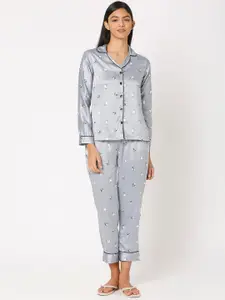 Smarty Pants Women Grey & White Printed Satin Night suit