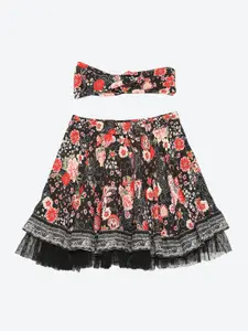 Biba Girls Black Printed Knee-Length A-Line Skirt With Belt