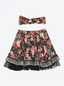Biba Girls Black & Red Floral Printed Knee Length Flared Skirts with matching hair band