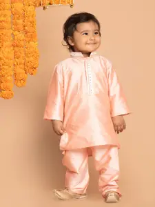 VASTRAMAY Boys Pink Embroidered Mirror Work Kurta with Pyjamas