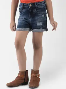 Crimsoune Club Girls Blue Washed Slim Fit Distressed Denim Shorts