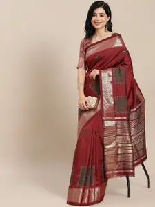RAJGRANTH Maroon & Golden Ethnic Motifs Embroidered Silk Cotton Saree