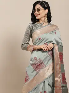 RAJGRANTH Blue & Golden Ethnic Motifs Embroidered Silk Cotton Saree