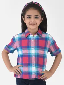 Crimsoune Club Pink & Blue Checked Roll-Up Sleeves Shirt Style Top