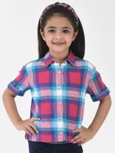 Crimsoune Club Pink & Blue Checked Roll-Up Sleeves Shirt Style Top