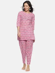 Palakh Women Pink & Grey Printed Night suit