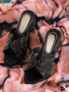 EVERLY Black & Silver-Toned Embellished Party Wedge Sandals