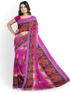 Florence Pink & Orange Floral Pure Georgette Dharmavaram Saree With Unstithed Blouse
