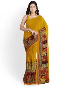 Florence Yellow & Pink Floral Pure Georgette Fusion Dharmavaram Saree