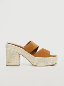 MANGO Camel Brown Solid Suede Finish Leather Platform Espadrille Heels