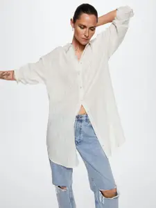 MANGO Women Off White Pure Cotton Self Design Oversized Casual Shirt