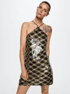 MANGO Black & Golden Sequinned Bodycon Mini Dress