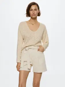 MANGO Women Beige Solid Knitted Pullover