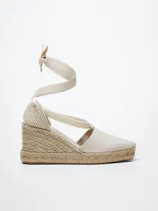 MANGO Women Off White Solid High-Top Wedge Heels