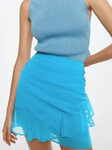 MANGO Women Blue Solid Ruffle Skirt